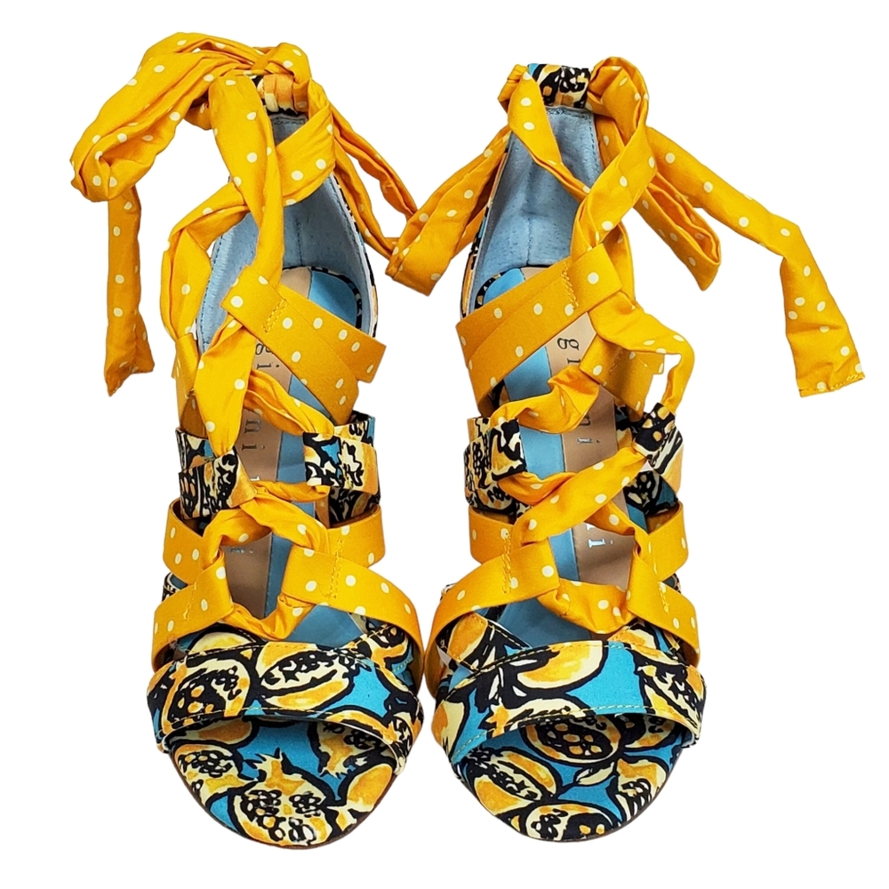 Gianni Bini Yellow Patterned Wrap-Heel Sandals - Picture 8 of 13